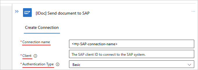 Snímek obrazovky znázorňující předdefinovaná nastavení připojení SAP pro standardní pracovní postup s ověřováním Basic