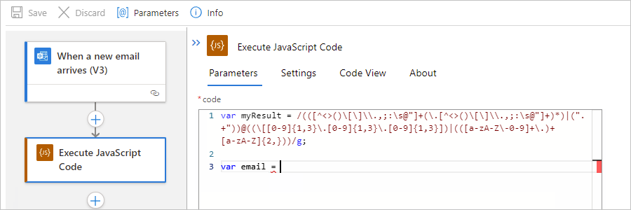 Snímek obrazovky znázorňující standardní pracovní postup, akci Spustit javascriptový kód a ukázkový kód, který vytváří proměnné
