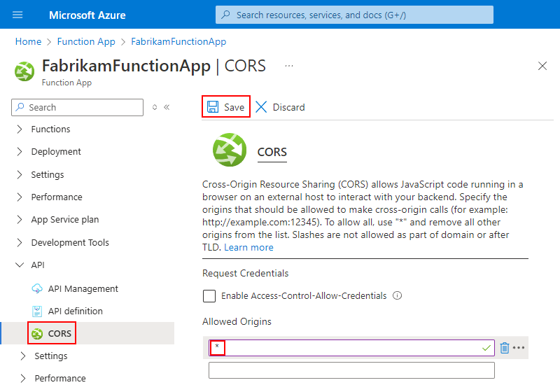 Snímek obrazovky s webem Azure Portal, podoknem CORS a zástupným znakem * zadaným v části Povolené zdroje
