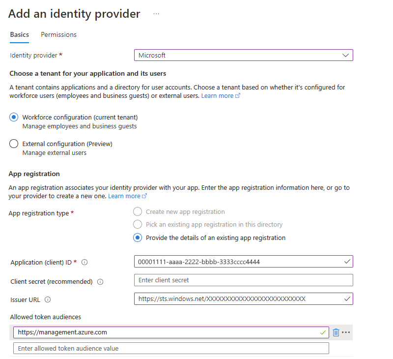 Snímek obrazovky znázorňující registraci aplikace logiky a zprostředkovatele identity pro vaši aplikaci funkcí