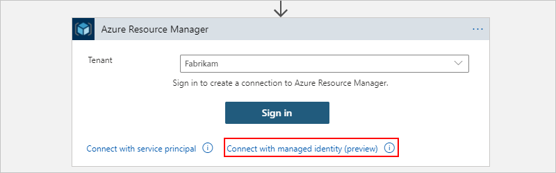 Snímek obrazovky znázorňující akci Azure Resource Manager a vybranou možnost Připojit se pomocí spravované identity v části Consumption