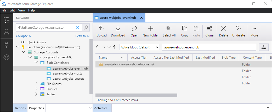 Screenshot showing the Azure Storage Explorer with the storage account and blob container open to show the selected