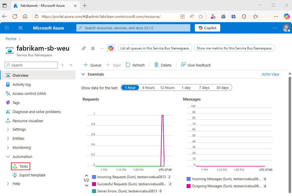 Screenshot showing Azure portal and Azure Service Bus namespace menu with