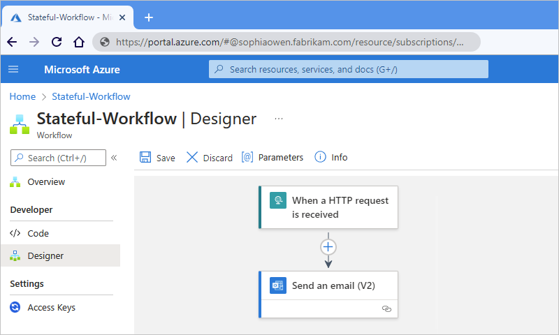 Snímek obrazovky znázorňující Azure Portal s návrhářem pracovního postupu standardní aplikace logiky