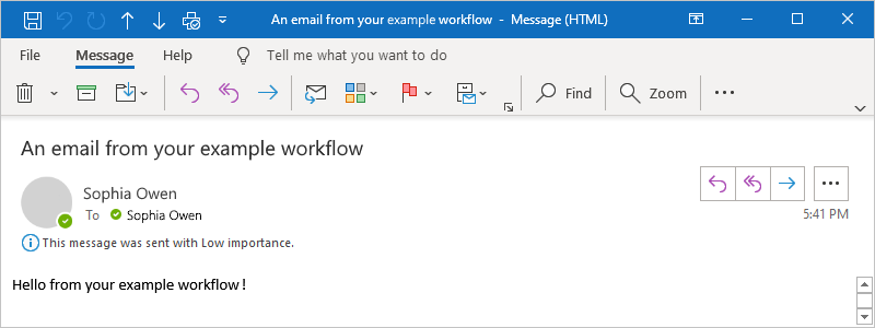 Snímek obrazovky znázorňující e-mail Outlooku, jak je popsáno v příkladu