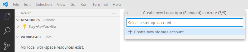 Snímek obrazovky s podoknem Logic Apps (Standard) a výzvou k vytvoření nebo výběru účtu úložiště
