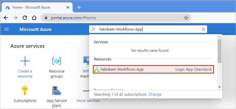 Snímek obrazovky s webem Azure Portal a panelem hledání s výsledky hledání nasazené aplikace logiky, která se zobrazí jako vybraná