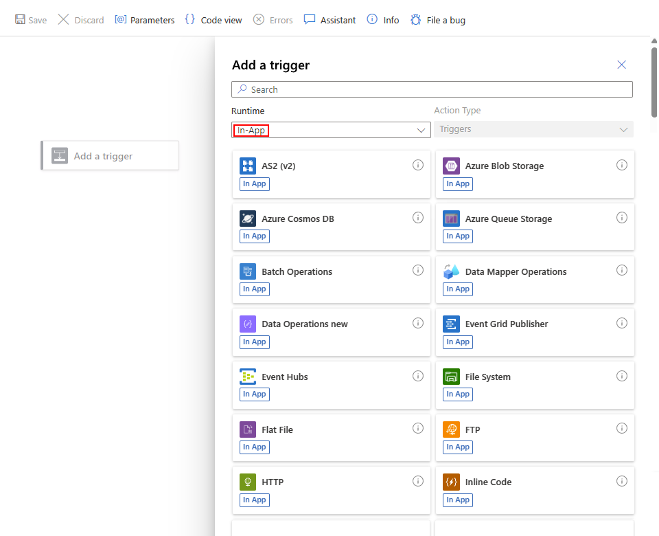 Snímek obrazovky znázorňující Azure Portal, návrháře standardní aplikace logiky s prázdným pracovním postupem a konektory v aplikaci s galerií triggerů