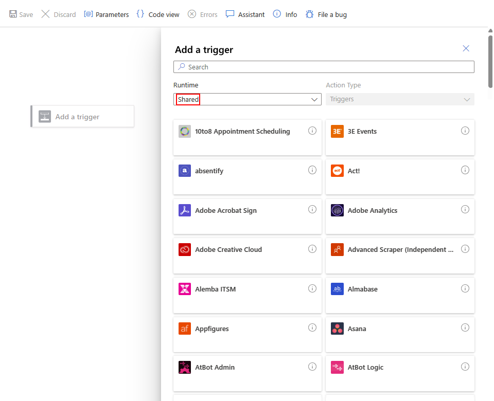 Snímek obrazovky znázorňující Azure Portal, návrháře standardní aplikace logiky s prázdným pracovním postupem a konektory Sdílené s galerií triggerů