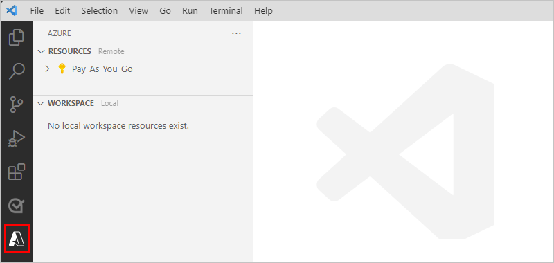 Snímek obrazovky znázorňující panel aktivity editoru Visual Studio Code s vybranou ikonou Azure