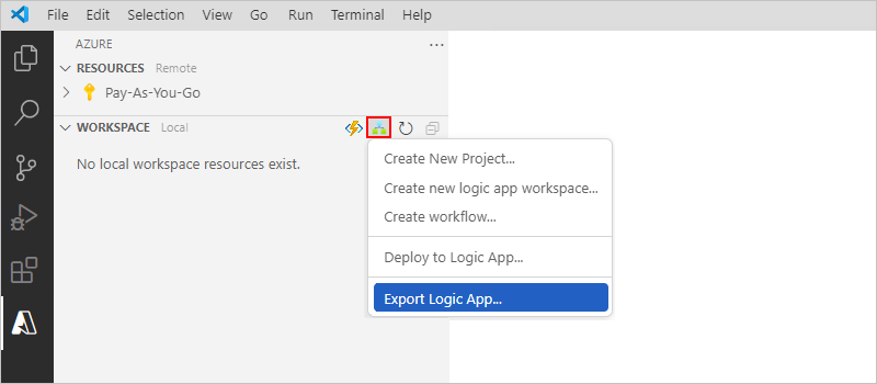 Snímek obrazovky s oknem Azure, panelem nástrojů oddílu Pracovní prostor a vybranou možností Exportovat aplikaci logiky