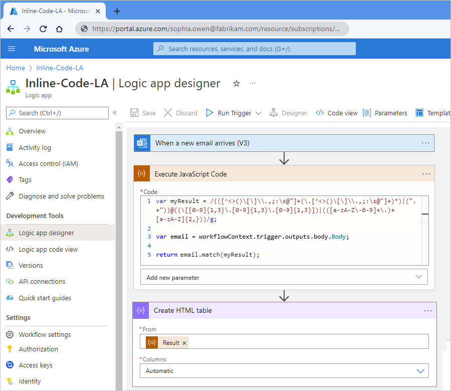 Snímek obrazovky znázorňující ukázkový pracovní postup aplikace logiky Consumption s akcí Spustit kód JavaScriptu