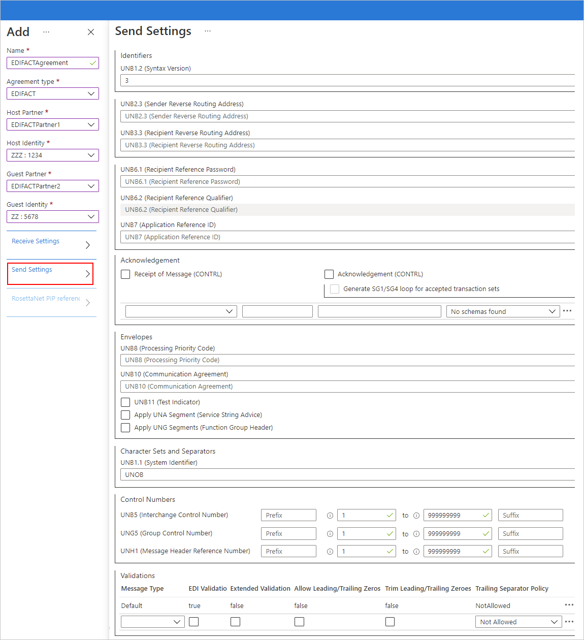 Snímek obrazovky zobrazující nastavení smlouvy Azure Portal a EDIFACT pro odchozí zprávy