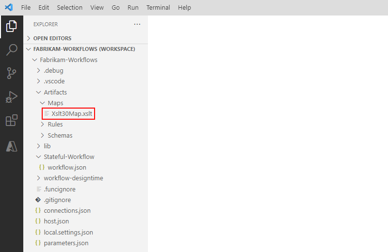 Snímek obrazovky znázorňující strukturu projektu editoru Visual Studio Code s rozbalenými složkami Artefakty a Mapy