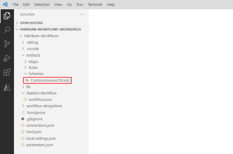 Snímek obrazovky znázorňující strukturu projektu editoru Visual Studio Code s rozbalenými složkami Artefakty a Schémata