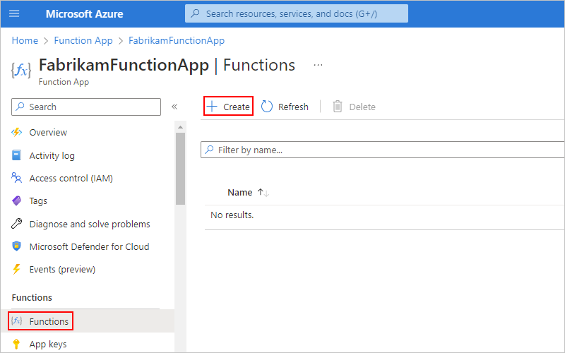 Snímek obrazovky aplikace funkcí se zvýrazněnou možností Funkce v nabídce aplikace funkcí Otevře se stránka Functions a zvýrazní se možnost Vytvořit.
