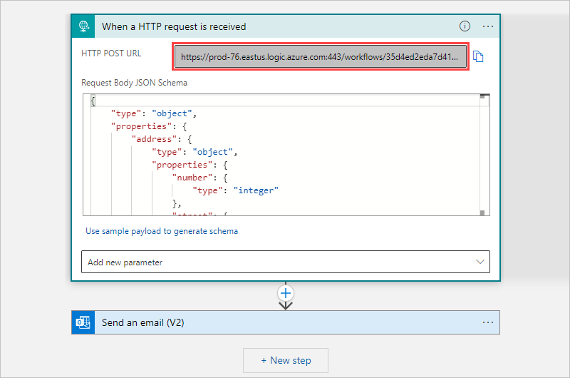 Snímek obrazovky s podrobnostmi o triggeru požadavku HTTP Vedle položky HTTP POST URL je viditelná adresa URL.