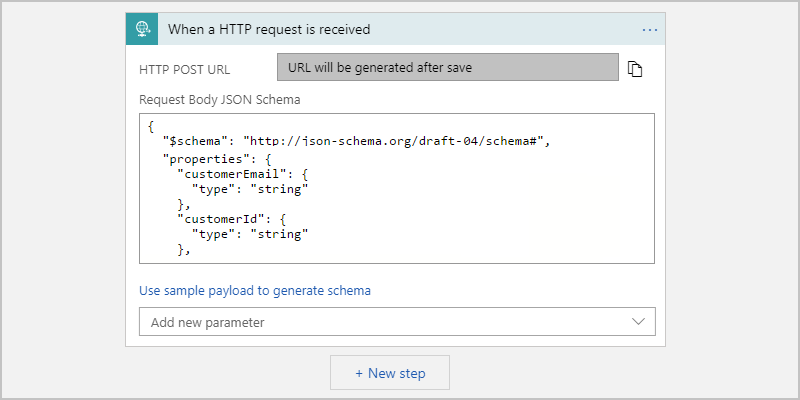 Snímek obrazovky s podrobnostmi o triggeru požadavku HTTP V poli Schéma JSON textu požadavku je viditelný nějaký kód JSON.