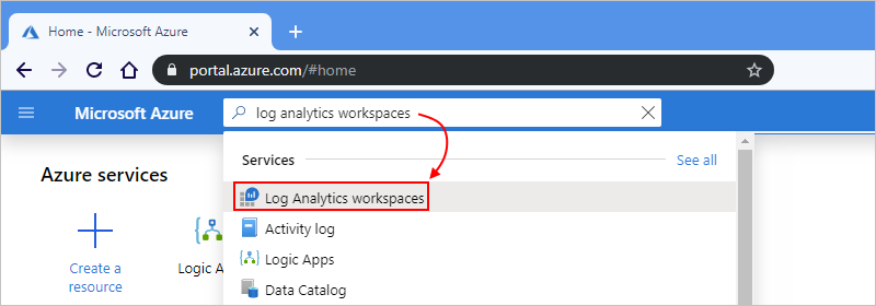 Vyberte Pracovní prostory Služby Log Analytics.