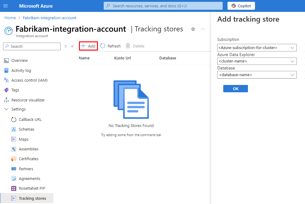 Snímek obrazovky s webem Azure Portal, nabídkou účtu integrace Premium s vybranou položkou s názvem Úložiště sledování, panelem nástrojů s vybranou možností Přidat a otevřít podokno pro Přidat úložiště sledování
