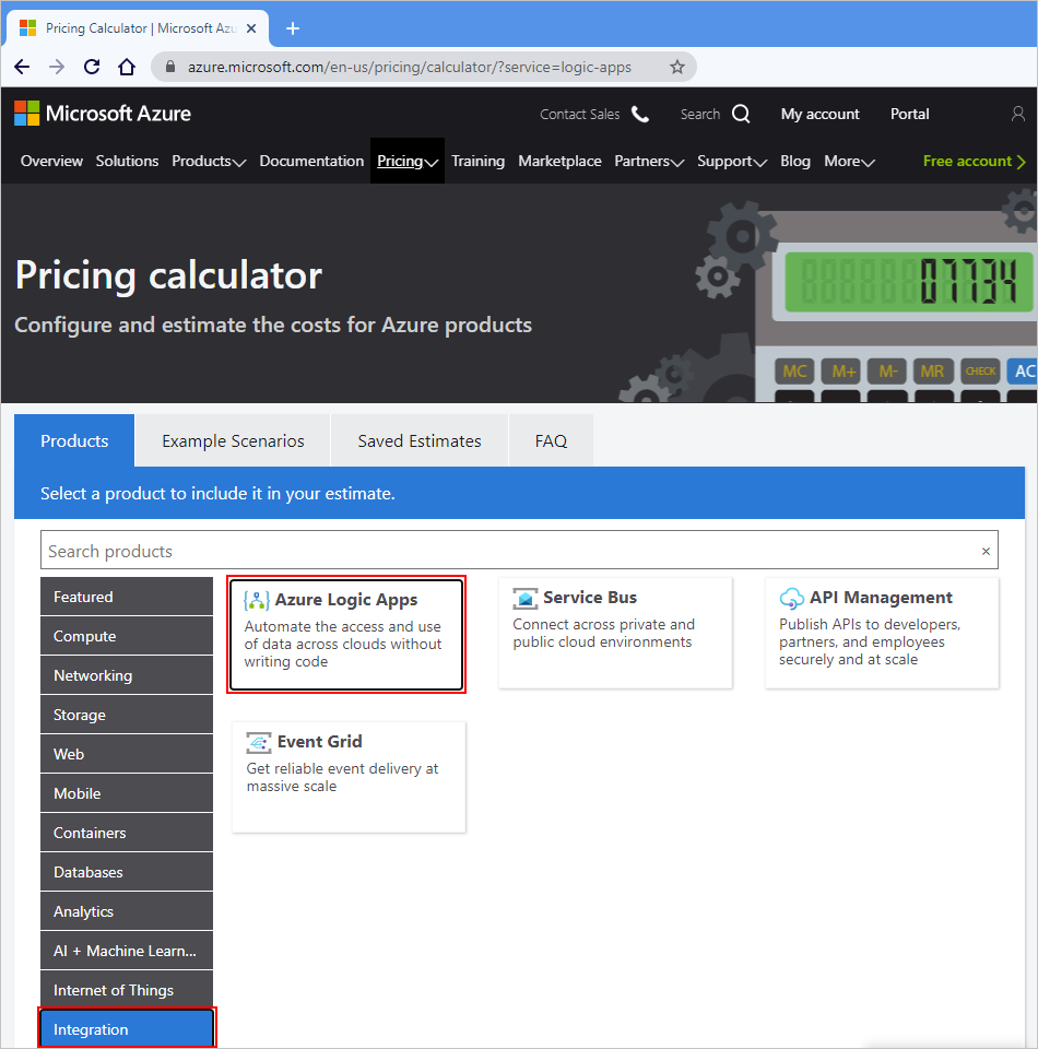 Snímek obrazovky znázorňující cenovou kalkulačku Azure s vybranou možností Azure Logic Apps