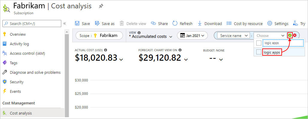 Snímek obrazovky znázorňující podokno Analýzy nákladů a webu Azure Portal s výběry filtrů