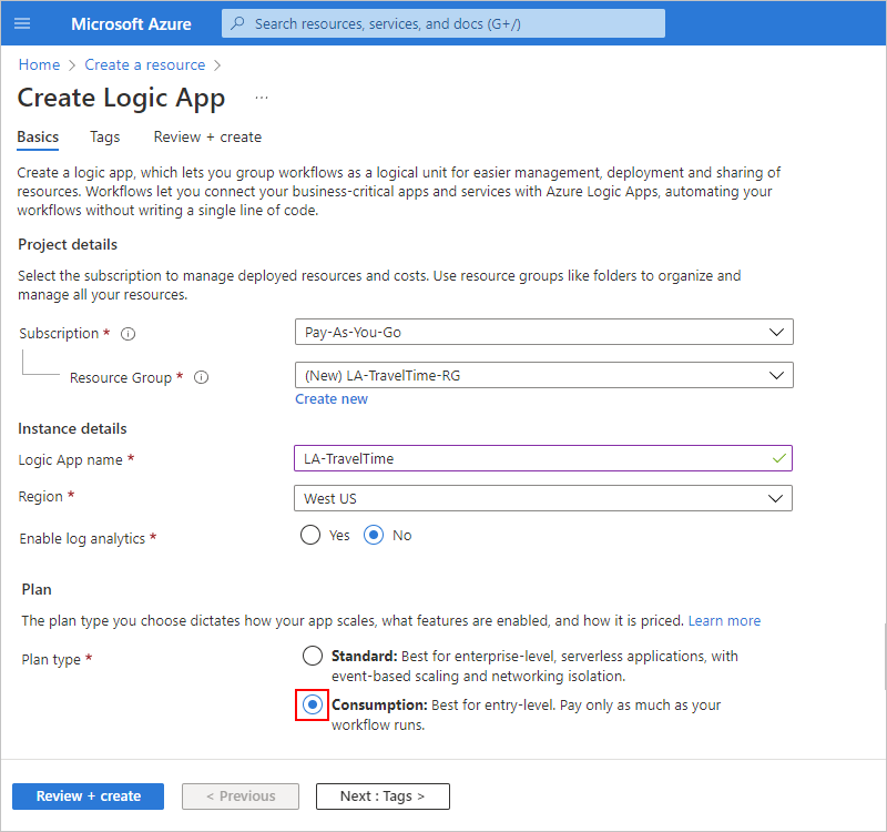 Snímek obrazovky znázorňující Azure Portal, podokno vytváření aplikace logiky a informace o novém prostředku aplikace logiky