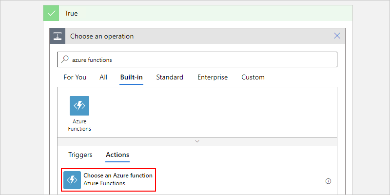Snímek obrazovky znázorňující vybranou akci s názvem Zvolit funkci Azure