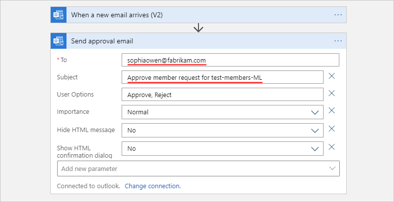 Snímek obrazovky s vlastnostmi Odeslat e-mail o schválení