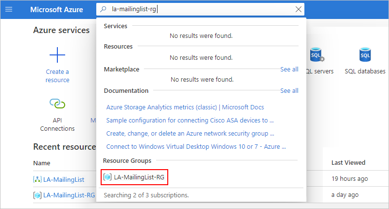 Snímek obrazovky znázorňující vyhledávací pole Azure se zadaným polem la-mailinglist-rg a vybranou možností LA-MailingList-RG