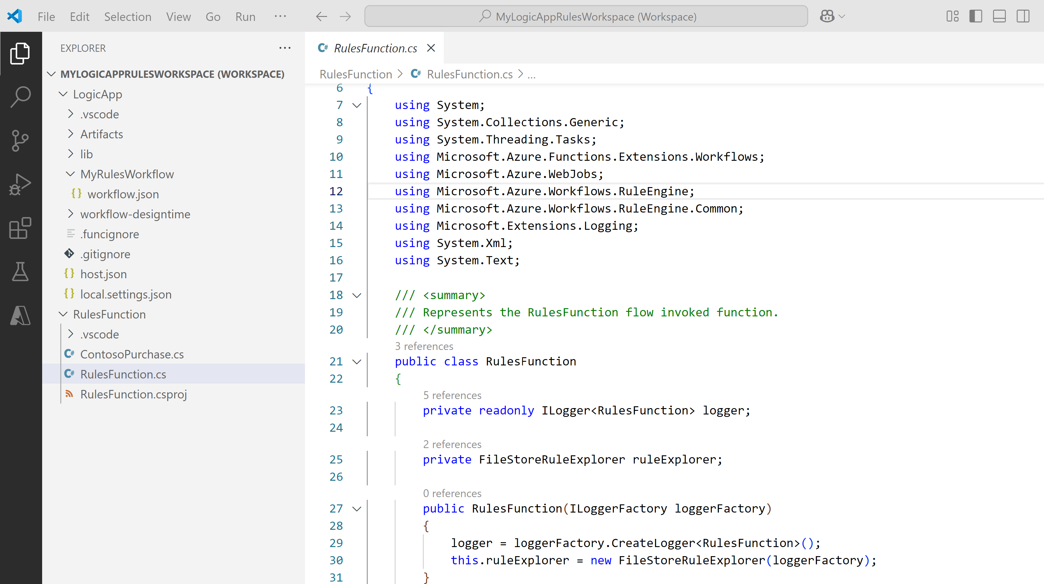 Snímek obrazovky znázorňující Visual Studio Code s vytvořeným pracovním prostorem
