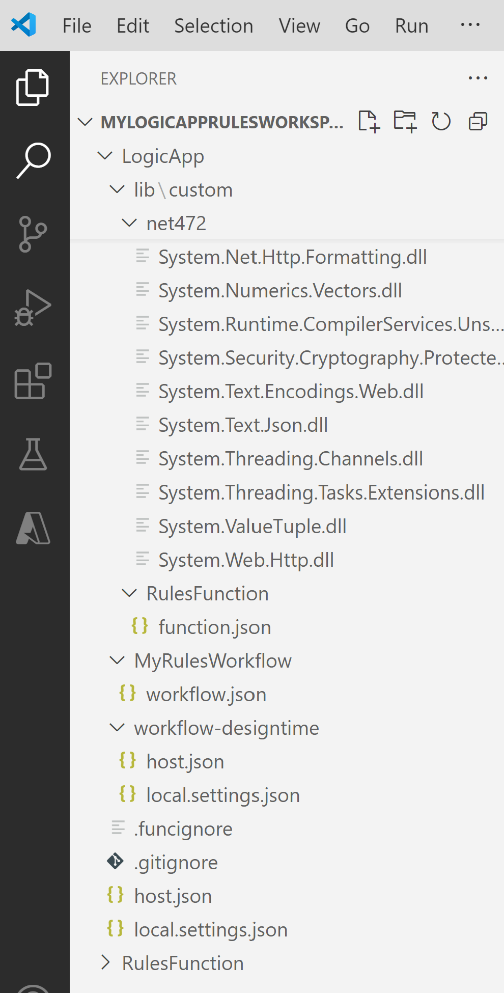 Snímek obrazovky znázorňující pracovní prostor aplikace logiky s projektem funkcí a projektem aplikace logiky, nyní se vygenerovanými sestaveními a dalšími požadovanými soubory