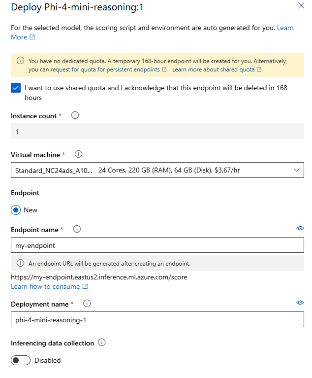 Snímek obrazovky znázorňující možnost dočasného nasazení modelu Llama pomocí sdílené kvóty