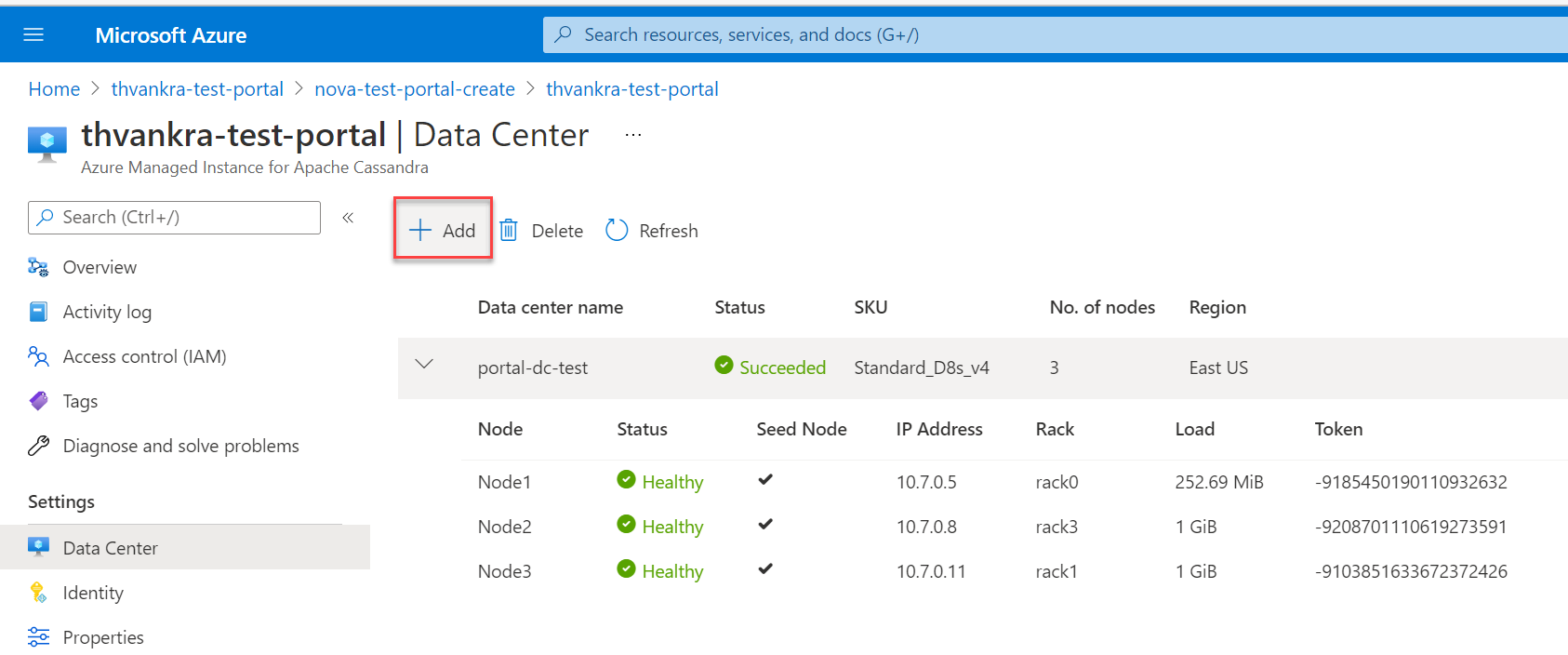Snímek obrazovky s přidáním datacentra