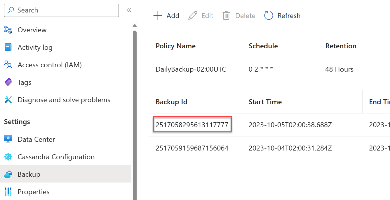 Screenshot of backup schedule configuration page highlighting backup ID.