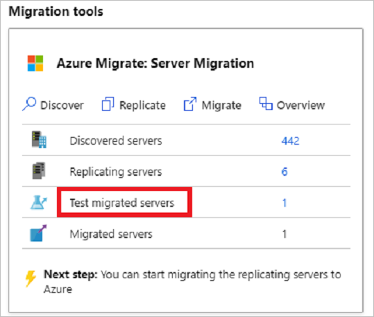 Screenshot that shows Test migrated servers in Migration and modernization.