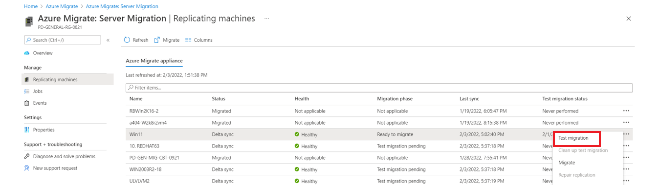 Snímek obrazovky s testovací migrací