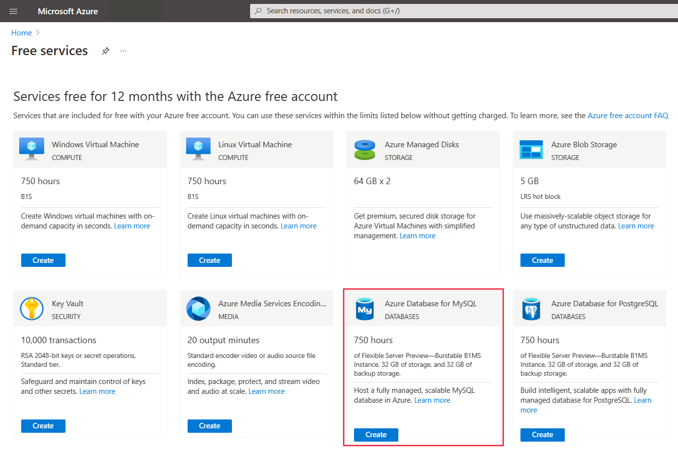 Snímek obrazovky se seznamem všech bezplatných služeb na webu Azure Portal