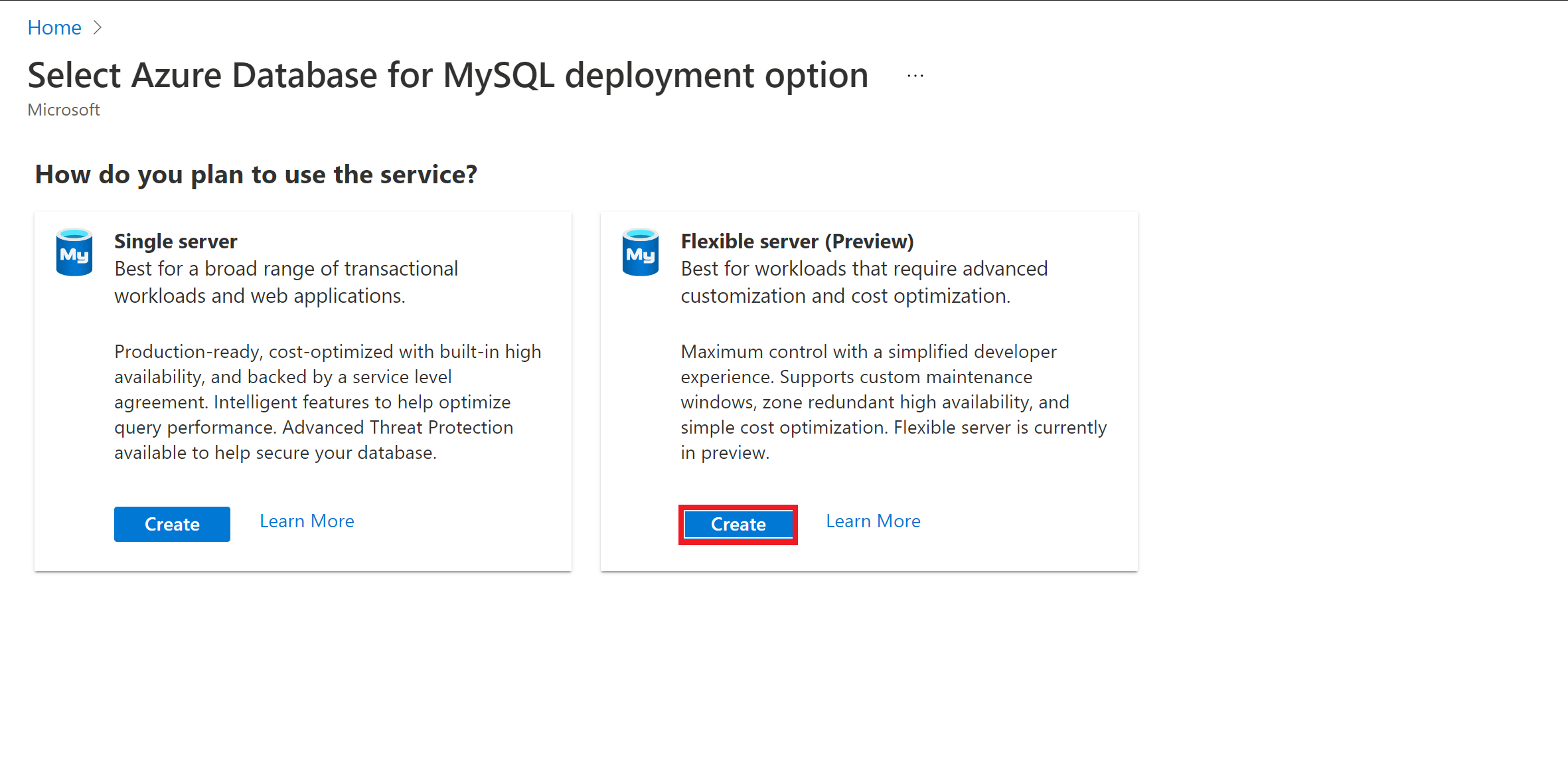 Snímek obrazovky s možností Flexibilní server