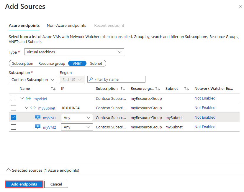Snímek obrazovky ukazuje, jak přidat zdrojový koncový bod pro monitorování připojení na webu Azure Portal.