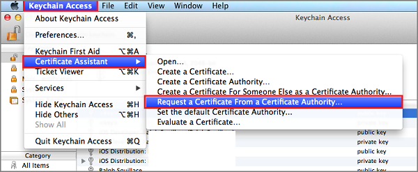 Snímek obrazovky se zvýrazněnou možností nabídky Vyžádat certifikát z certifikační autority