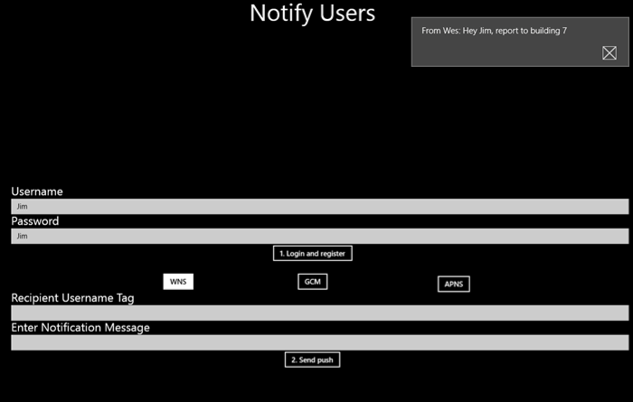 Snímek obrazovky aplikace Notification Hubs zobrazující zprávu, která se odeslala