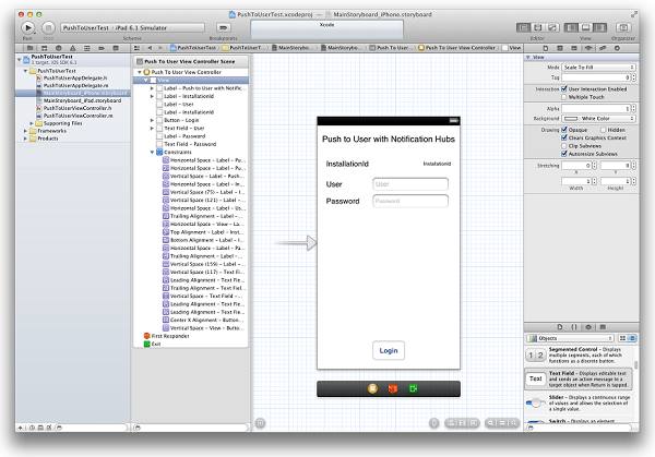 Snímek obrazovky aplikace MainStoryboard_iPhone.storyboard s přidanými komponentami