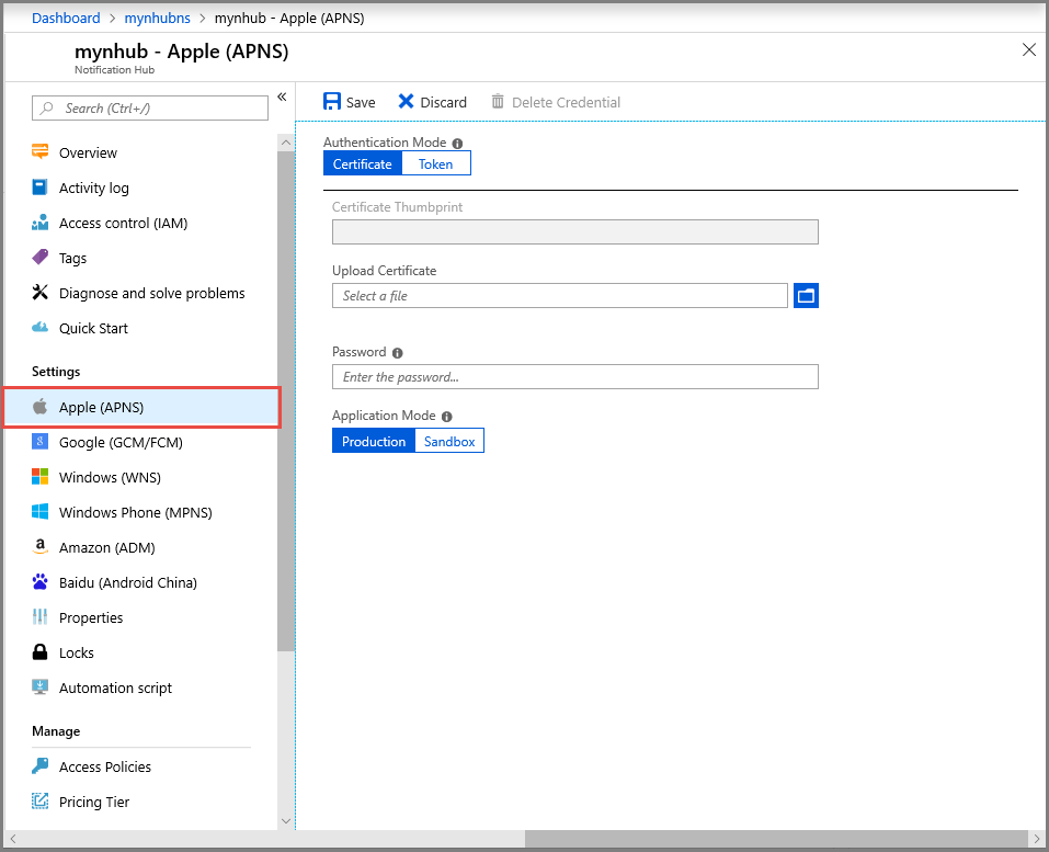Snímek obrazovky s konfigurací certifikátu APNS v Azure Portal