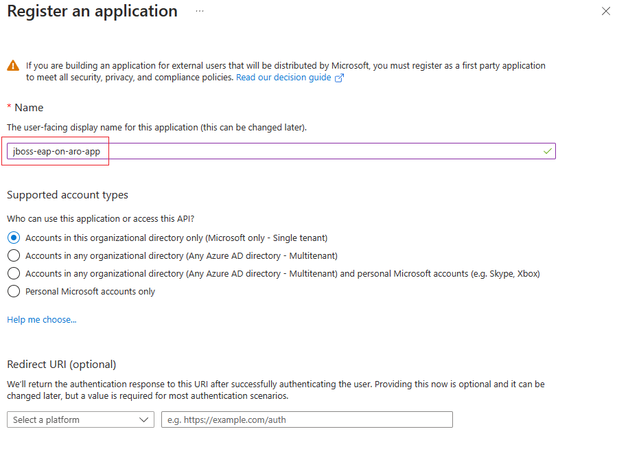 Snímek obrazovky webu Azure Portal zobrazující stránku Registrace aplikace