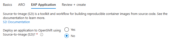 Snímek obrazovky webu Azure Portal zobrazující protokol JBoss EAP v podokně aplikace EAP v Azure Red Hat OpenShiftu
