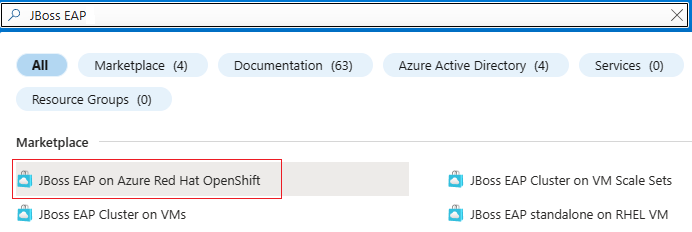 Snímek obrazovky webu Azure Portal zobrazující protokol JBoss EAP ve výsledcích hledání v Azure Red Hat OpenShiftu