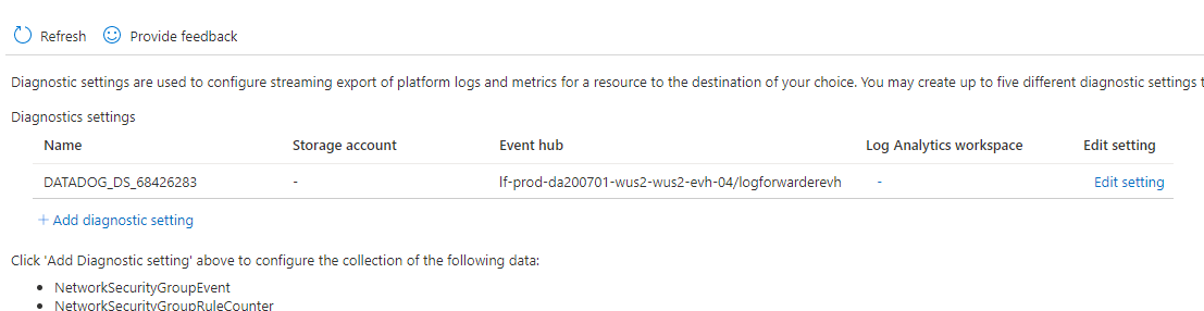 Datadog diagnostic setting on the Azure resource