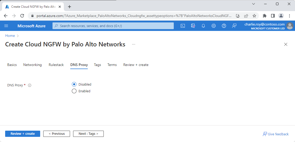 Snímek obrazovky proxy serveru DNS v prostředí pro vytváření Palo Alto Networks