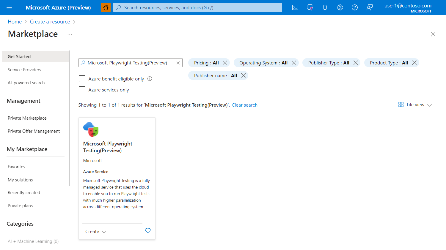 Screenshot that shows the Azure Marketplace search page with the Microsoft Playwright Testing search result.